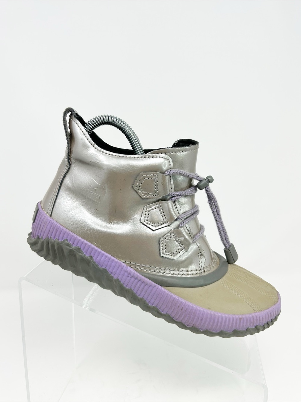 SOREL Out N About Plus Duck Boots Girls Silver Gray Purple Trim Waterproof 4